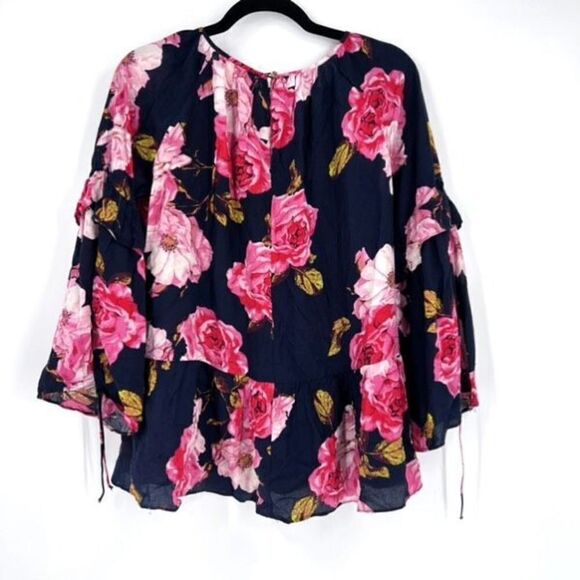 Entro Women's Floral Tiered Blouse Top Layered Bell Sleeve Pink Navy‎ Blue Small - Picture 2 of 15